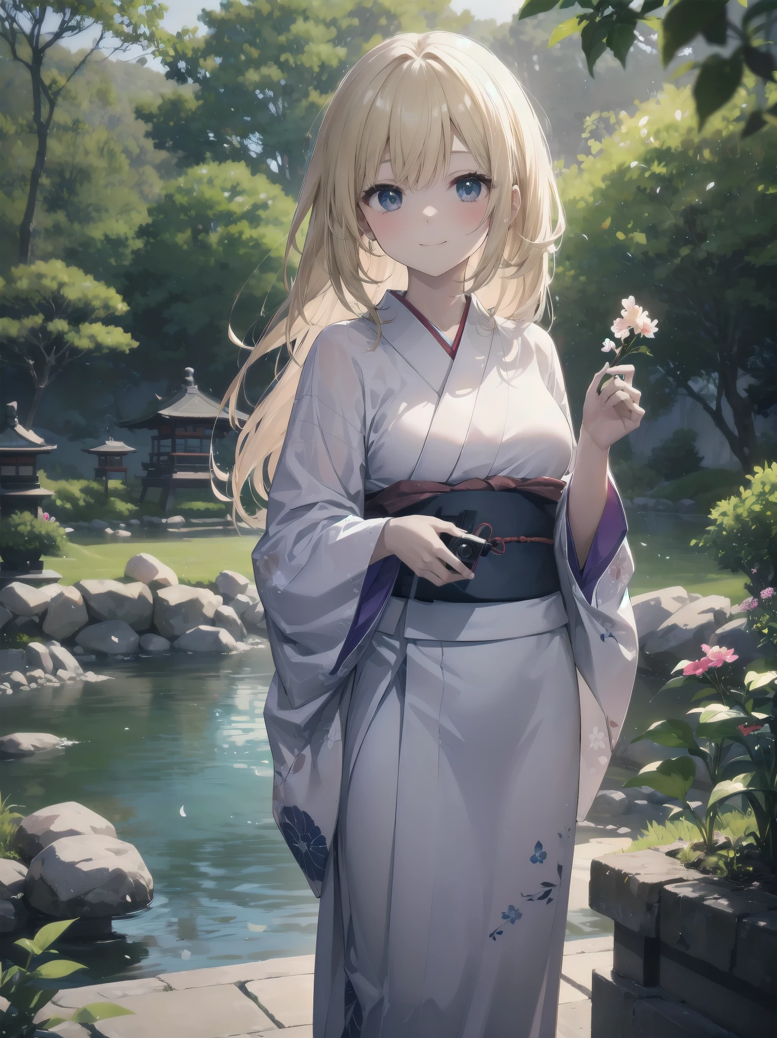 Subject: pretty beautiful girl
Subtitle: {Long, straight blonde hair}{Japanese-style yukata}{Posing picking flowers}{Japanese garden}{Smiling demurely}{Mirrorless camera, f/1.8, 1/400 sec, ISO 800, soft focus effect}
A beautiful girl with long, straight blonde hair stands in a quiet Japanese garden. She is wearing a beautiful Japanese yukata and is elegantly picking flowers. Her modest smile enhances her elegance and makes for a memorable scene. In the background is a lush green Japanese garden, which gives the scene a traditional beauty. The photo was taken with a mirrorless camera at f/1.8 aperture, shutter speed 1/400 sec, ISO 800, and the soft-focus effect adds to the soft, magical atmosphere.