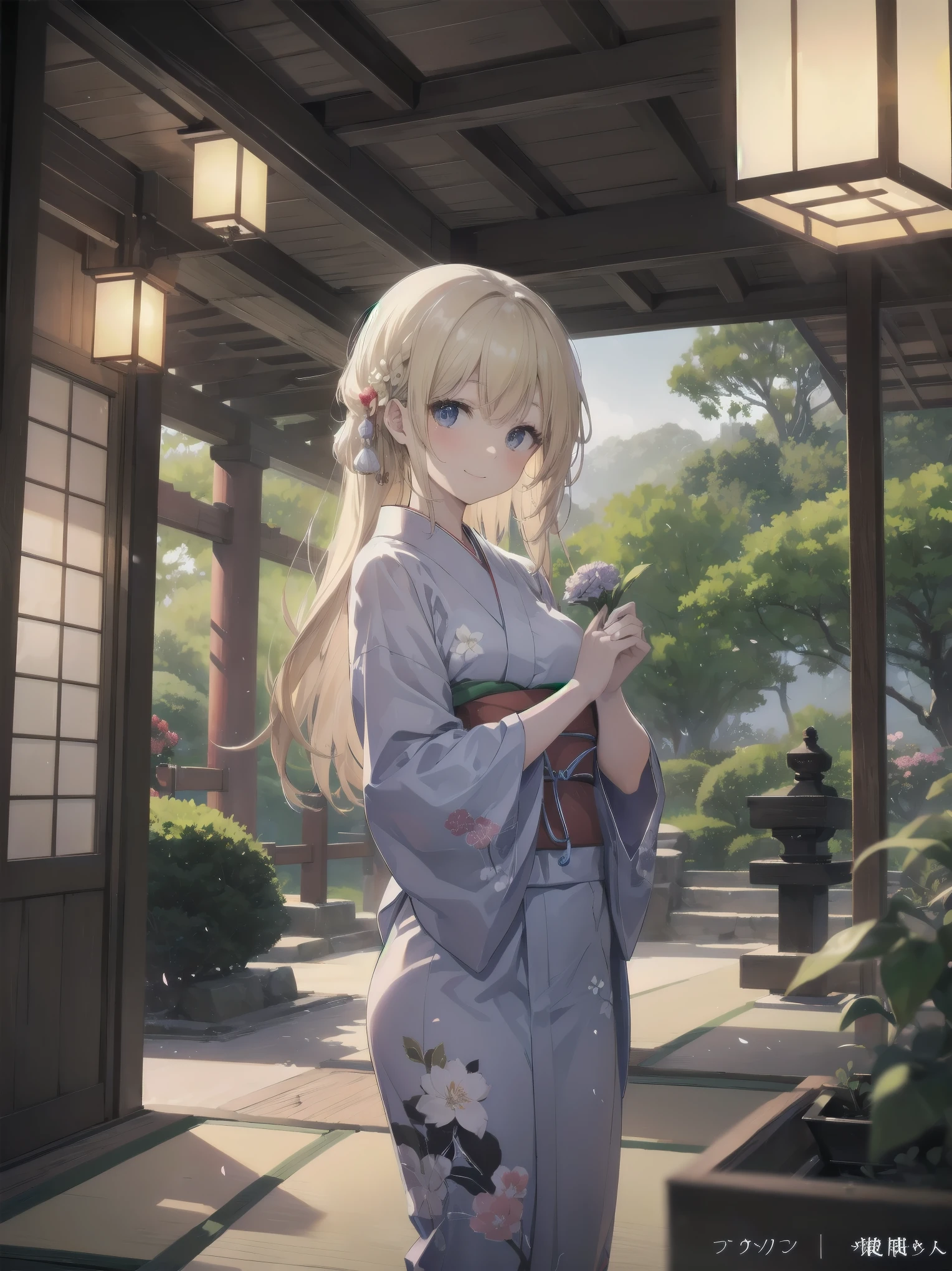 Subject: pretty beautiful girl
Subtitle: {Long, straight blonde hair}{Japanese-style yukata}{Posing picking flowers}{Japanese garden}{Smiling demurely}{Mirrorless camera, f/1.8, 1/400 sec, ISO 800, soft focus effect}
A beautiful girl with long, straight blonde hair stands in a quiet Japanese garden. She is wearing a beautiful Japanese yukata and is elegantly picking flowers. Her modest smile enhances her elegance and makes for a memorable scene. In the background is a lush green Japanese garden, which gives the scene a traditional beauty. The photo was taken with a mirrorless camera at f/1.8 aperture, shutter speed 1/400 sec, ISO 800, and the soft-focus effect adds to the soft, magical atmosphere.