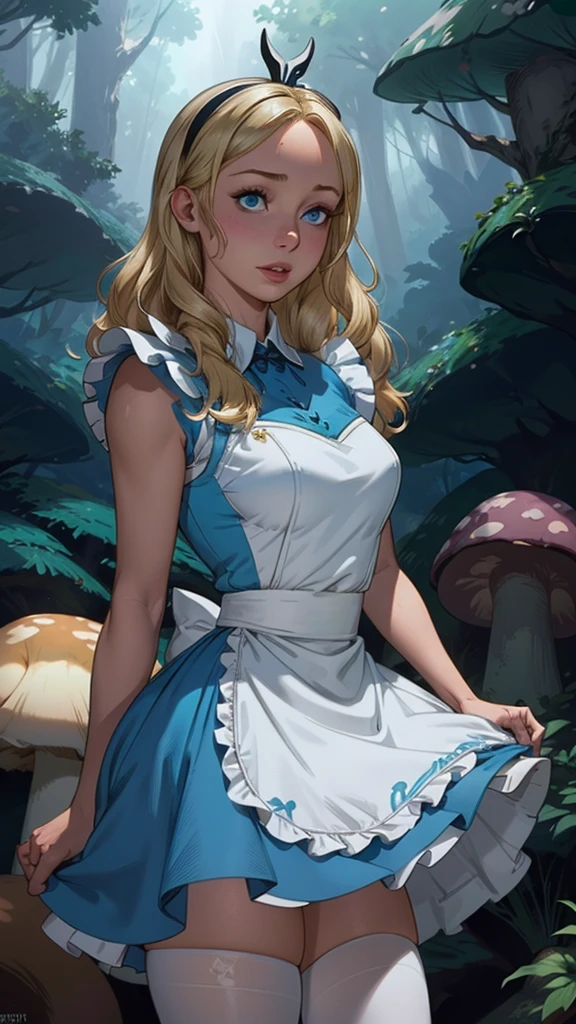 (La mejor calidad,A high resolution,Ultra - detallado,actual),Alice Wonderland, vestido corto azul, medias white muslo, cabello largo amarillo, ,(Fondo de ruinas de mazmorra en ruinas bosque tenebroso cyberpunk :1.4 ), More detailed 8K.motor irreal:1.4,UHD,La mejor calidad:1.4, fotorrealista:1.4, textura de la piel:1.4, obra maestra:1.8,obra-prima, mejor calidad,objeto Objeto], (detailed face features:1.3),(Las proporciones correctas),  (pose vaquero),( Alice Wonderland:1.4), (Alice Wonderland V2.1), (perfect anatomy :1.4),( no mutaciones), (Alice Liddell Disney:1.4), (dynamic cowboy pose), (face detailed :1.4), (mostrando panties),(white stockings and suspenders), (cinematic lighting :1.4), score_9, score_8_up, score_7_up, score_6_up, rating_explicit, 1girl, ((18YO:1.2)), Adult, full lips, big clear eyes, blue eyes, ((blond hair:1)), (long wavy hair: 1.2),( orejas de coneja white:1.4 ), (forest background big trees and giant mushrooms neon :1.4), (skirt lifted by itself: 1.1), (skirt lift: 1.3), (showing white panties: 1.3),score_9, score_8_up, score_7_up, score_6_up, rating_explicit, 1girl, ((18YO:1.2)), Adult, full lips, big clear eyes,  blue eyes, ((blond hair:1)), (long wavy hair: 1.2),(face detailed V2.1) 