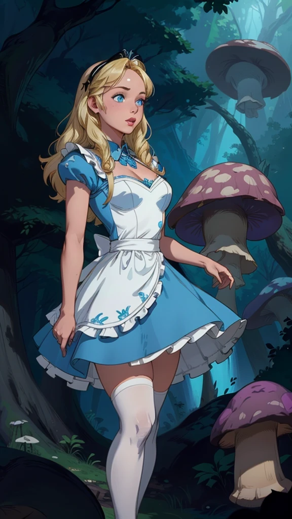 (La mejor calidad,A high resolution,Ultra - detallado,actual),Alice Wonderland, vestido corto azul, medias white muslo, cabello largo amarillo, ,(Fondo de ruinas de mazmorra en ruinas bosque tenebroso cyberpunk :1.4 ), More detailed 8K.motor irreal:1.4,UHD,La mejor calidad:1.4, fotorrealista:1.4, textura de la piel:1.4, obra maestra:1.8,obra-prima, mejor calidad,objeto Objeto], (detailed face features:1.3),(Las proporciones correctas),  (pose vaquero),( Alice Wonderland:1.4), (Alice Wonderland V2.1), (perfect anatomy :1.4),( no mutaciones), (Alice Liddell Disney:1.4), (dynamic cowboy pose), (face detailed :1.4), (mostrando panties),(white stockings and suspenders), (cinematic lighting :1.4), score_9, score_8_up, score_7_up, score_6_up, rating_explicit, 1girl, ((18YO:1.2)), Adult, full lips, big clear eyes, blue eyes, ((blond hair:1)), (long wavy hair: 1.2),( orejas de coneja white:1.4 ), (forest background big trees and giant mushrooms neon :1.4), (skirt lifted by itself: 1.1), (skirt lift: 1.3), (showing white panties: 1.3),score_9, score_8_up, score_7_up, score_6_up, rating_explicit, 1girl, ((18YO:1.2)), Adult, full lips, big clear eyes,  blue eyes, ((blond hair:1)), (long wavy hair: 1.2),(face detailed V2.1) 