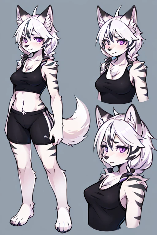 ( Absurdly , High quality , ultra detailed ) ,( hand detailed ) , 1girl, solo, mature, (concept art, character sheet), absurdres(highly detailed beautiful face and eyes)perfect anatomy Solo, Young Female white fox-cat (((lean-body))) (((medium breasts))) (short snout),(((fur (black stripe) between neck and shoulder towards chest))) ((fur (black stripes) on waist))(ears are darker), ((violet eyes)), (cat tail (black at end)), (white hair (single-braided)), ((Female wolf)) (detailed eyes), (clevedge, (collarbone, shoulders), (solo, (1girl)) ((((fluffy white fur)))), white hands, ((extremely detailed fur)) ((hair in face)) (big braid), (thin long tail) (extremely detailed eyes) (((concept art, character sheet, (multiple views)))), (black short shorts) (black sports bra), white hands, multiple emotions, happy, barefoot