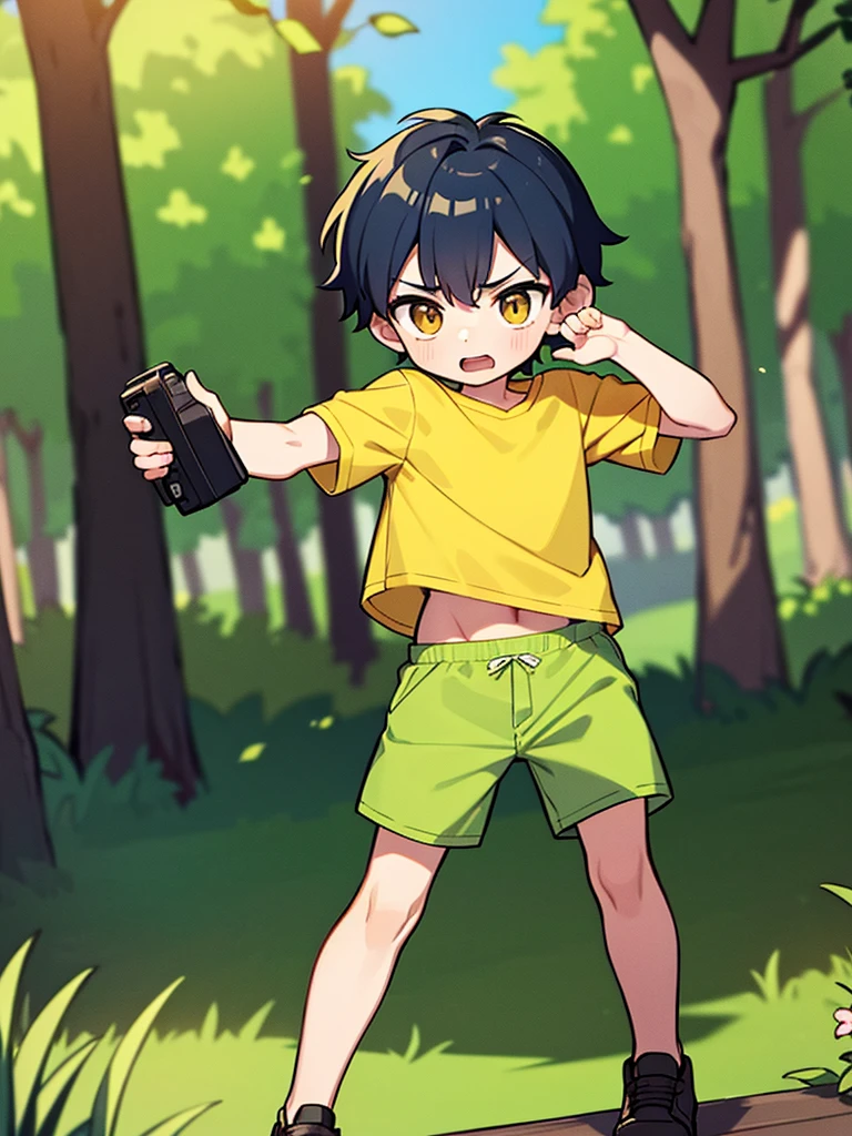 A little boy scarredd in a yellow shirt and green pants, el tiene un celular, is taking a photograph of the viewer, en un bosque apuntando al espectador