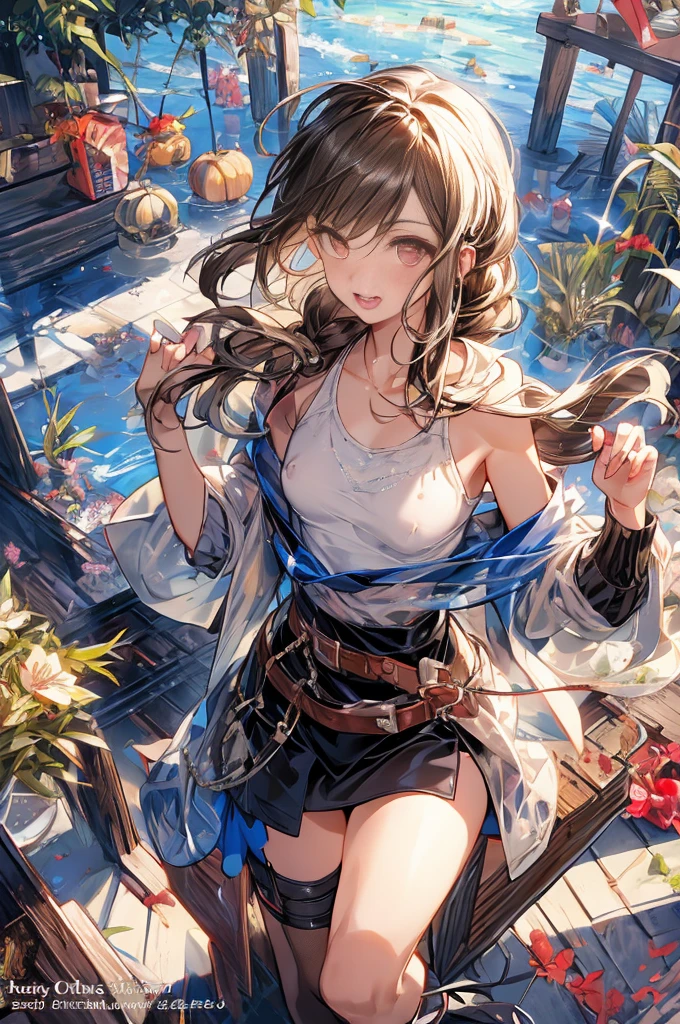 (small breasts:1.2), (perky chest:1.2), (pointed chest:1.2), (Pudding cake magazine cover:1.3),(from above:1.0),(shoot from the side:1.1),masterpiece, 1girl, Amazing Cleavage:1.1, thin waist, optimum,tmasterpiece,hight resolution,best qualtiy,hyper HD,super detailing,awardwinning,a 18yo cute girl,(The upper part of the body),anatomy correct,Beautiful Black miniskirt,garters,Gaze,Small face,bangss,holster,Beautuful Women,hands up,leg holster,Gaze,black boots,Cowboy Shot,cute face,a blond,Longhaire,Twin-tailed,Braids, Hairline,（scarlet eyes）,long eyelasher,Hanging eye corners,White skin of the, ((see through camisole:1.1)), ((Sheer nipples:1.0)),Rocket Tits,(Slim body),smile,seductive weak smiling,(with sparkling eyes and a contagious smile),little open mouth, Looking at Viewer,
