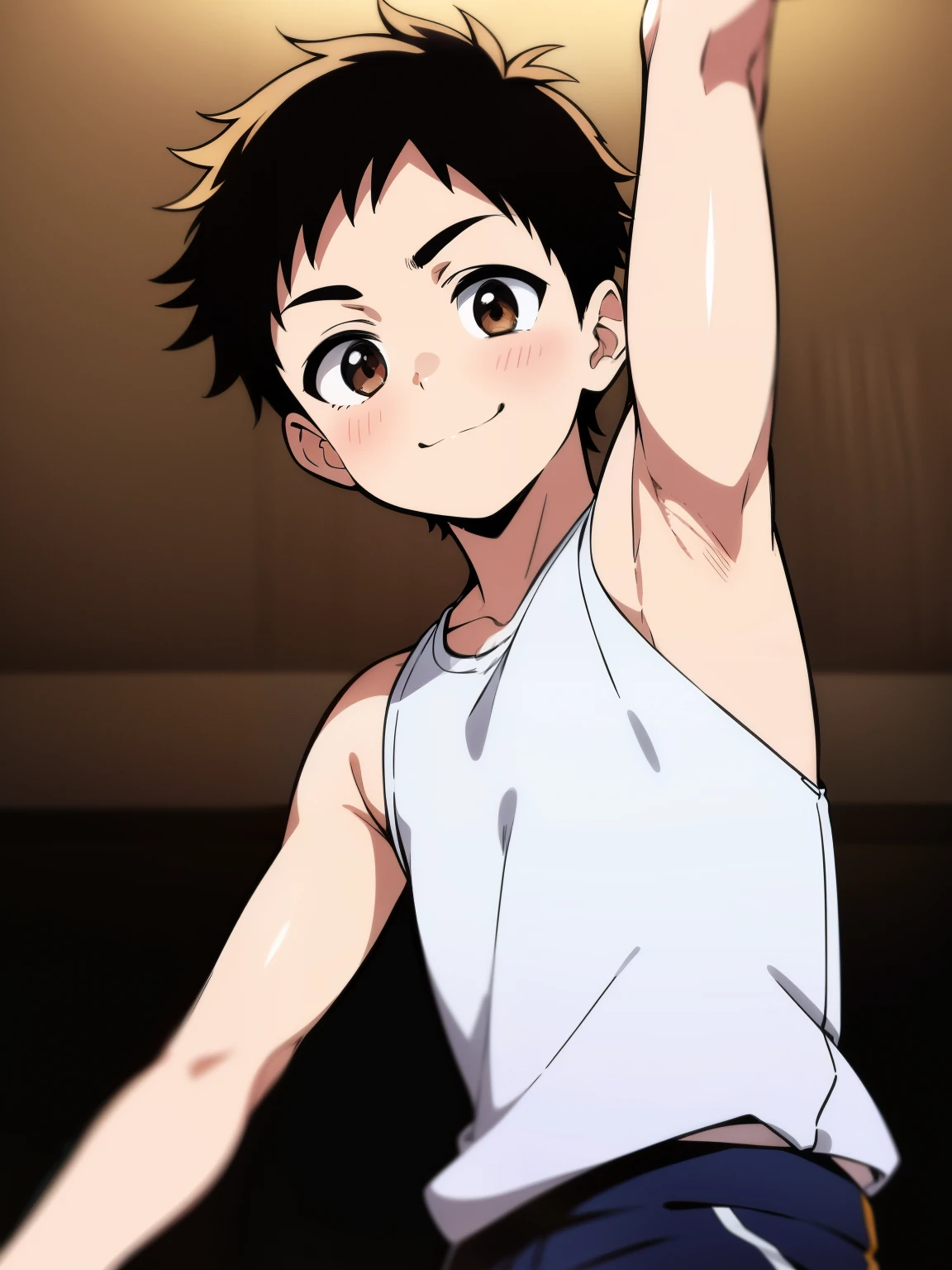 Highres, Masterpiece, Best quality at best,Best Quality,hight quality, hight detailed, Anime style, 1boy, Young boy, Shota, brown hair, Fluffy hair, Seen from the front, look at viewer, smile, (very young boy), (very small and short body), Age 12, Such a cute smooth armpit, Cute armpit, sexy armpit, The armpits of a 12 year old boy, Adorable little armpits, seductive armpits, showing armpit, hansome boy, Uhd, 4k wallpaper