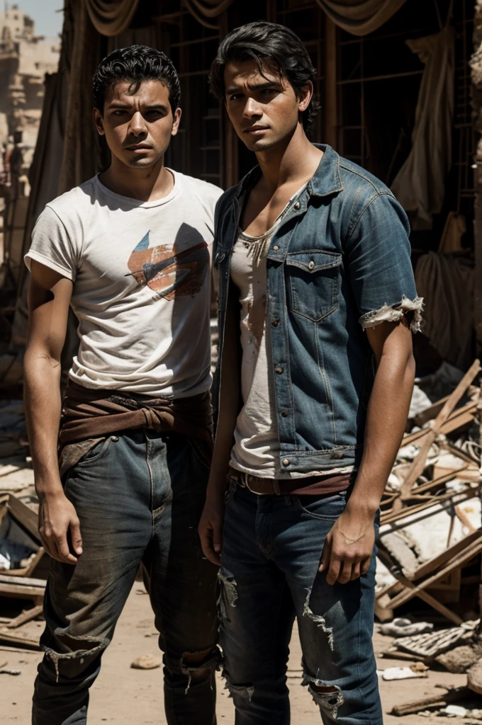 Rey enojado con su palacio de fondo, with a young man standing in front of him, with worn and torn clothes with a serious expression