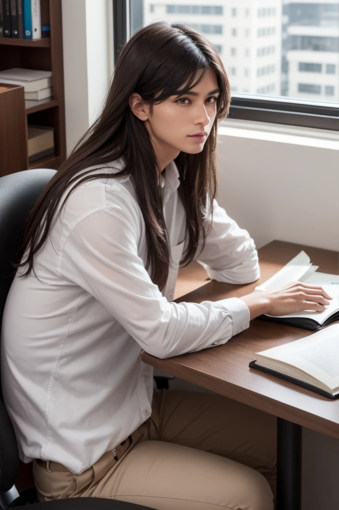 Create an image of a 34-year-old person with dark brown mullet-style hair, white skin, and brown eyes. the person is sitting in an office with a desktop on the table and an open book on the side. the person is translating the book into some language.