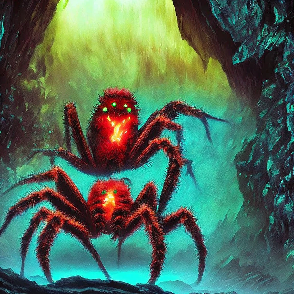 Spider monster, Glowing crystals on the back, horror, scary, horror, hairy paws, Dark, In a cave.