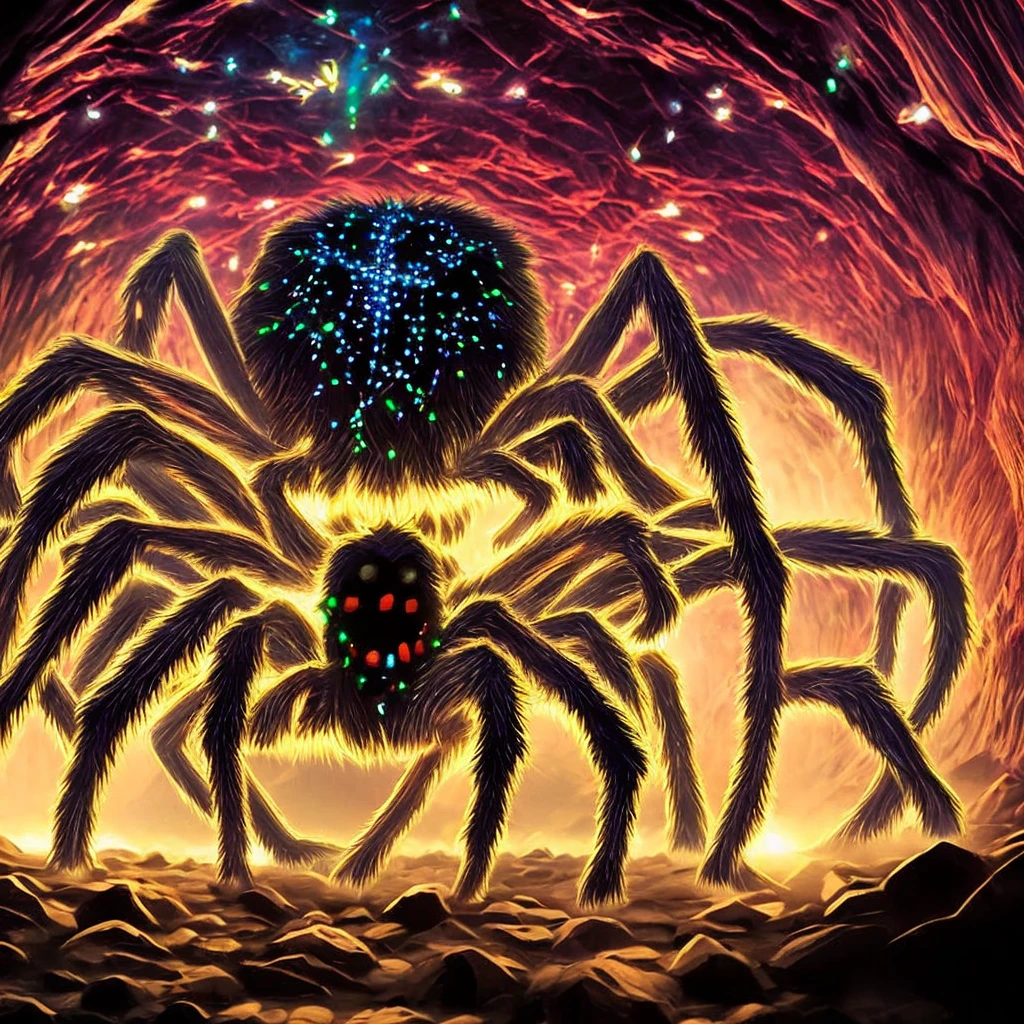 Spider monster, Glowing crystals on the back, horror, scary, horror, hairy paws, Dark, In a cave.