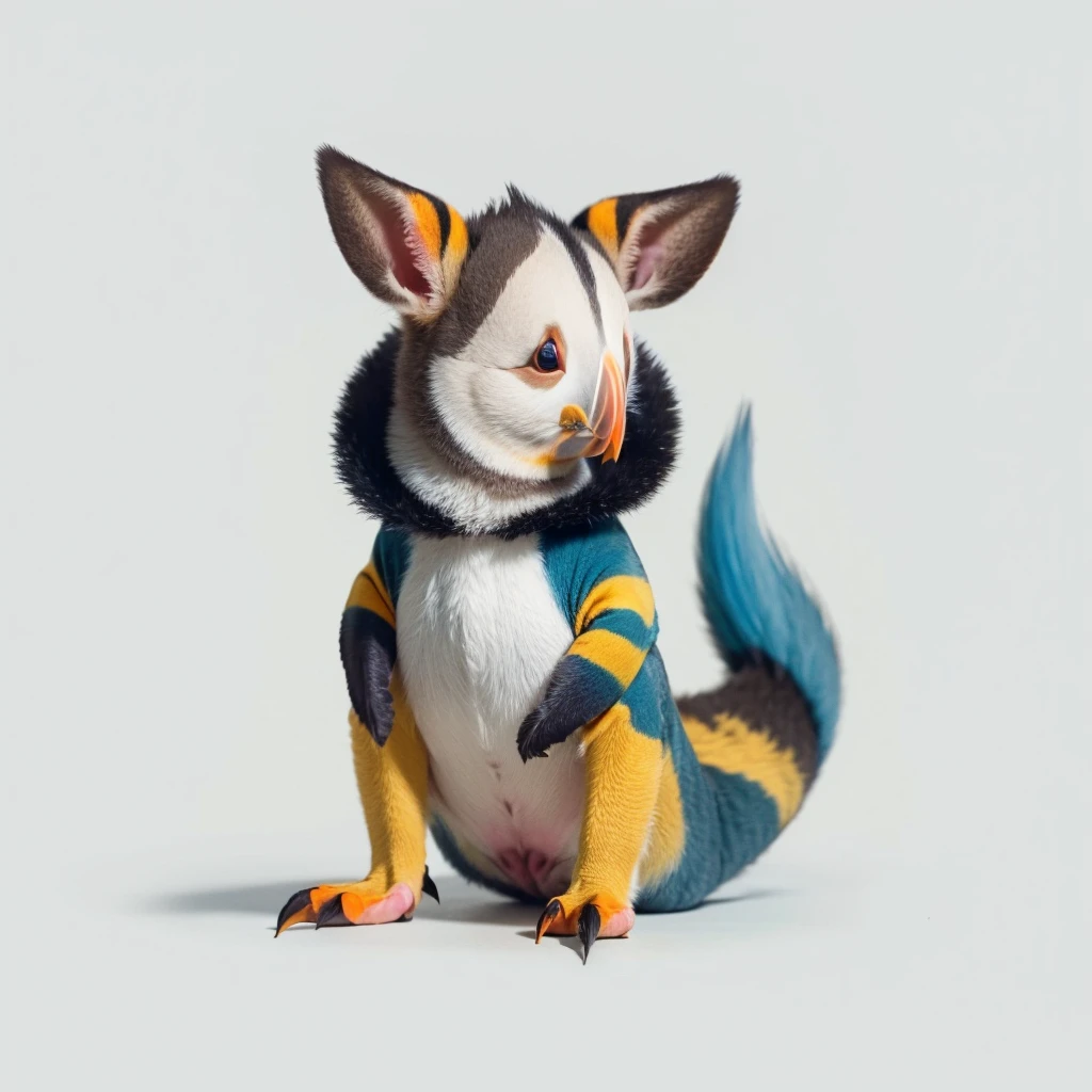 Small Animals, baby kangaroo mixed with House lizard, has yellow and blue stripes on its body, Grassroots, no background, (has beard), ((Puffin mouth))