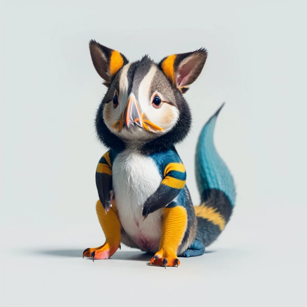 Small Animals, baby kangaroo mixed with House lizard, has yellow and blue stripes on its body, Grassroots, no background, (has beard), ((Puffin mouth))
