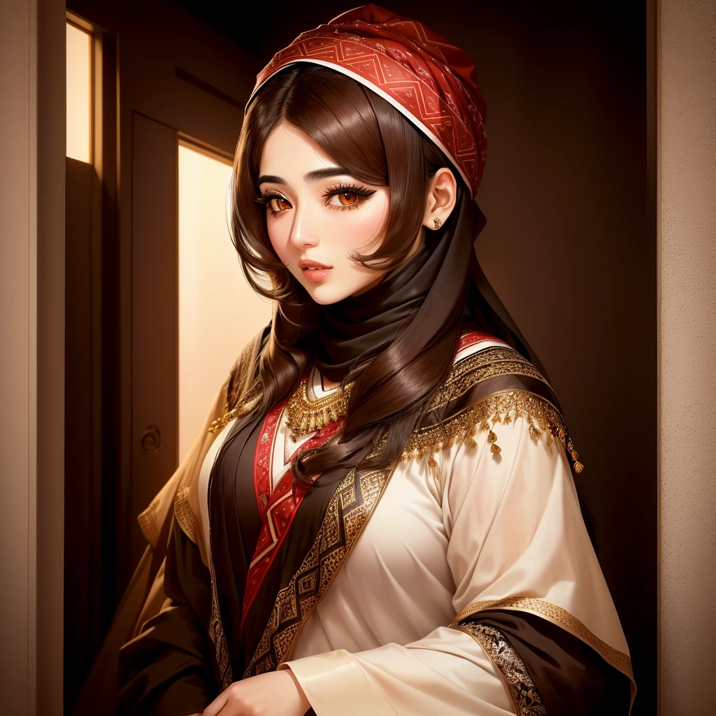iraqi woman. her age is 33 and her height 165. she has a small eyes and thick eyelashis. brown hair red cheeks and small lips and Korean body