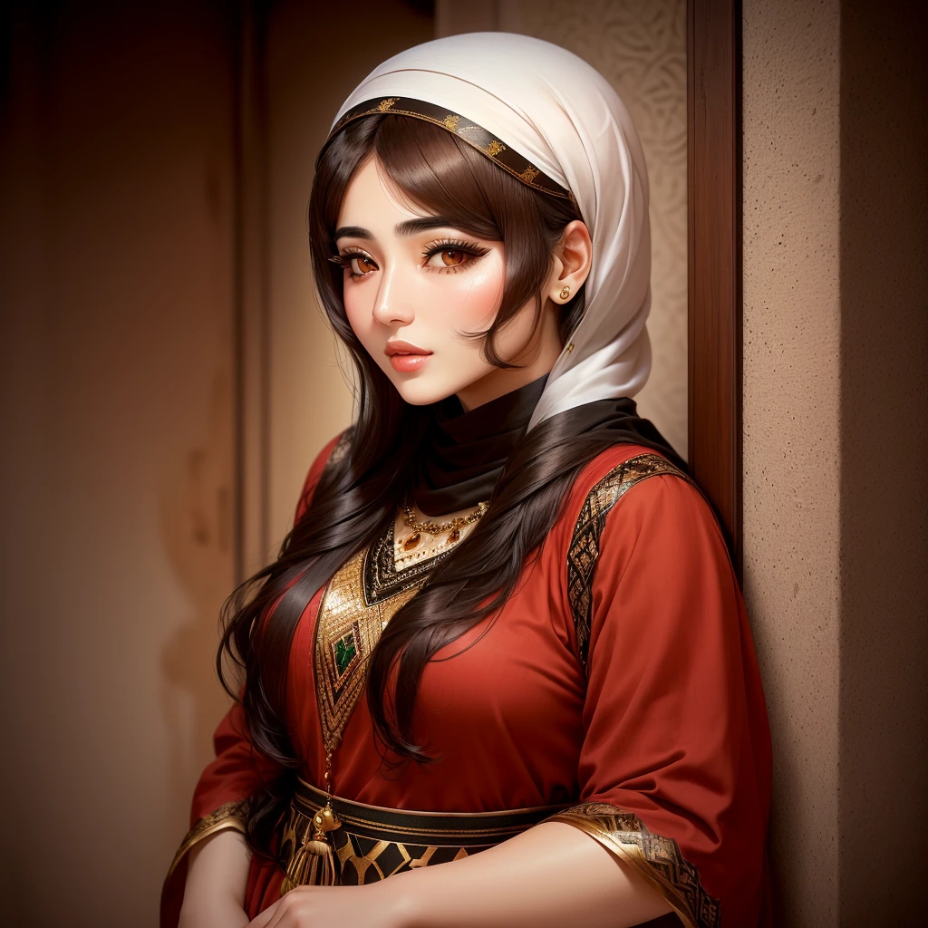iraqi woman. her age is 33 and her height 165. she has a small eyes and thick eyelashis. brown hair red cheeks and small lips and Korean body