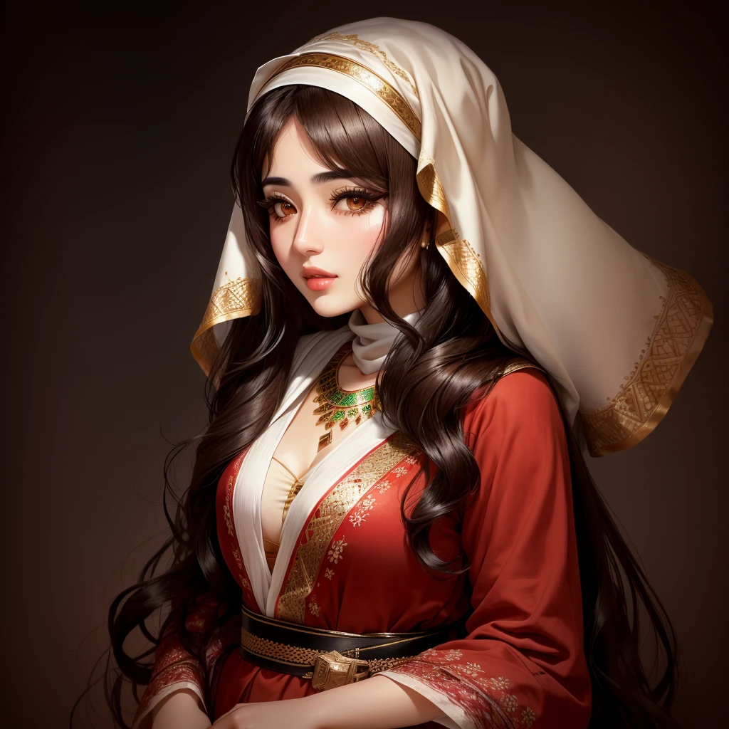 iraqi woman. her age is 33 and her height 165. she has a small eyes and thick eyelashis. brown hair red cheeks and small lips and Korean body