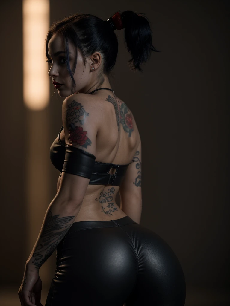 Harley Quinn, realistic, close-up full body shot, slim body, average small breasts, small round butt, full body in profile, detailed facial features, slender body, Hourglass body shape, intricate tattoos, provocative skintight outfit, dark moody lighting, atmospheric background, dramatic poses, cinematic composition, high contrast, backlight lightning, vivid colors, (best quality,4k,8k,highres,masterpiece:1.2),ultra-detailed,(realistic,photorealistic,photo-realistic:1.37),
