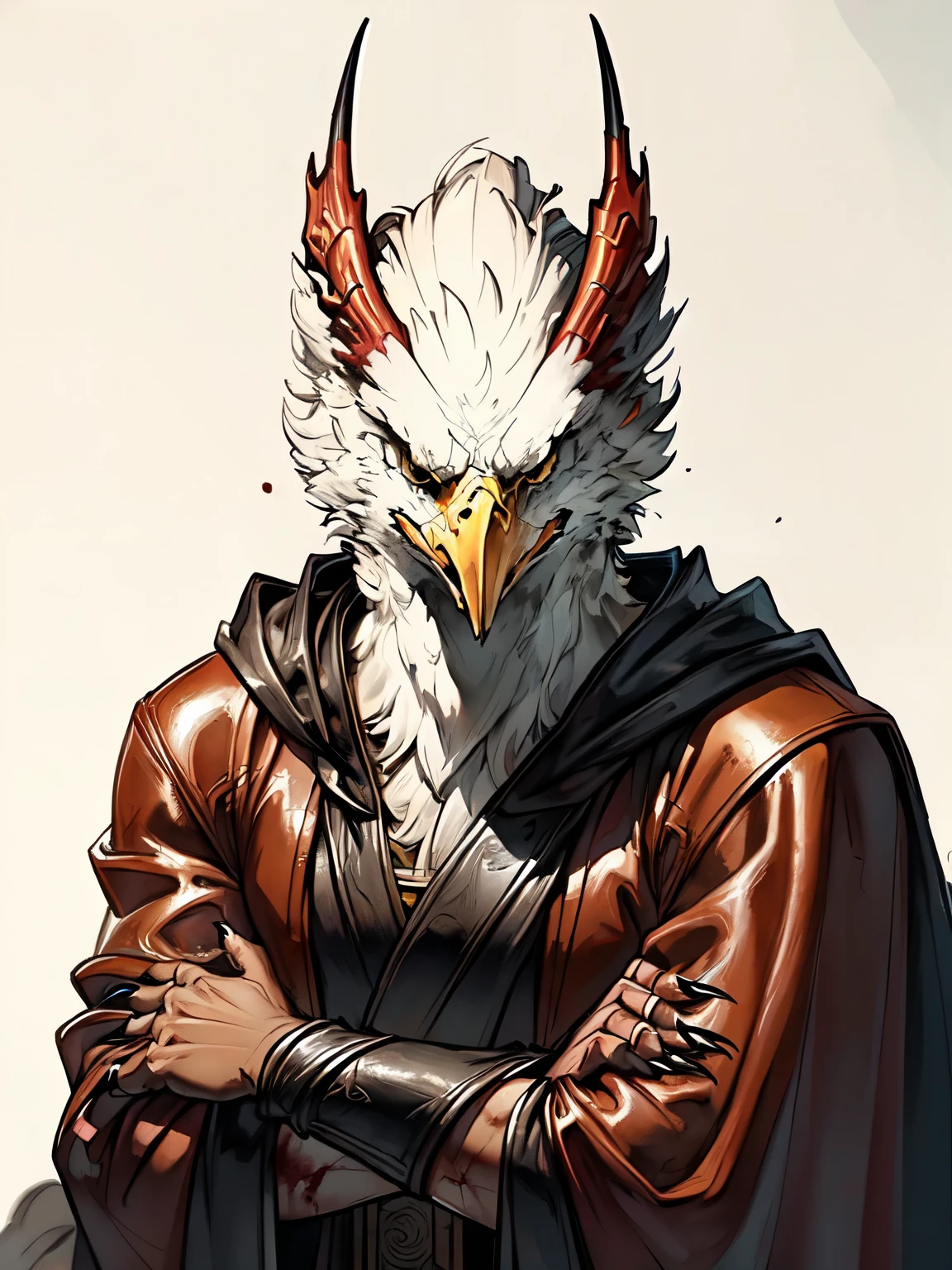 ink, black and white, Portrait, Anthropomorphic, big, strong, arms crossed, bloody claws, heroic pose, real eagle assassin, ((blood in his claws)), (eagle man), (white eagle head), ((wearing a full brown leather robes)), (fantasy creature), white background(8k, RAW photo, best quality, masterpiece:1.2), (realistic, photorealistic:1.2) (ultra-detailed, Super detailed, detailed face:1.2), vivid colors, studio lighting, portrait, 