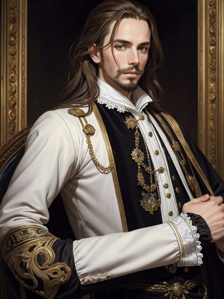 Christopher Marlowe's portrait, young, white skin, piercing blue eyes, golden-brown locks, combed back, refined features, sharp jawline, clean shaved facial hair, dignified posture, Elizabethan black velvet jacket, golden ornament, white laces, bare white neck, Mucha style, Mucha background, realistic, portrait