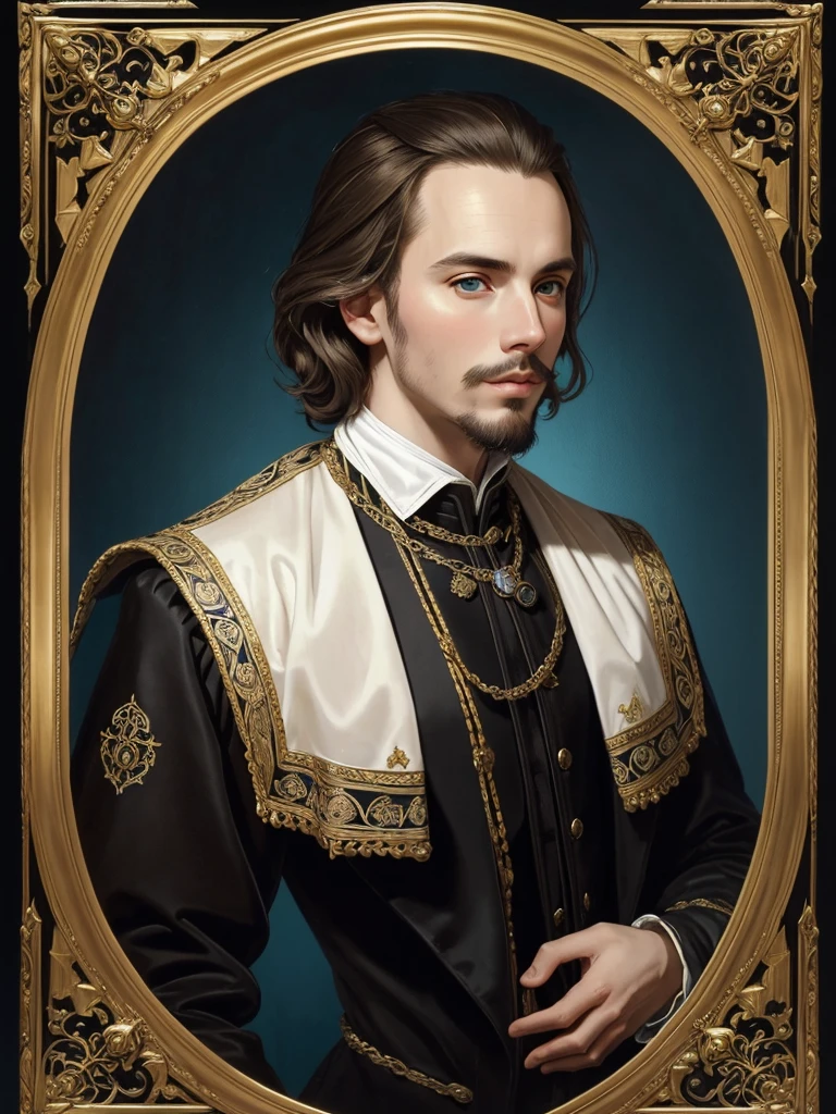 Christopher Marlowe's portrait, young, white skin, piercing blue eyes, golden-brown locks, combed back, refined features, sharp jawline, clean shaved facial hair, dignified posture, Elizabethan black velvet jacket, golden ornament, white laces, bare white neck, Mucha style, Mucha background, realistic, portrait
