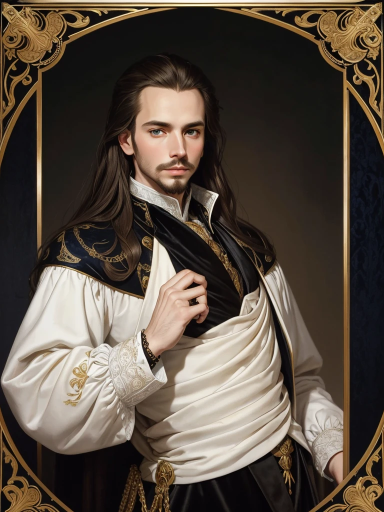 Christopher Marlowe's portrait, young, white skin, piercing blue eyes, golden-brown locks, combed back, refined features, sharp jawline, clean shaved facial hair, dignified posture, Elizabethan black velvet jacket, golden ornament, white laces, bare white neck, Mucha style, Mucha background, realistic, portrait