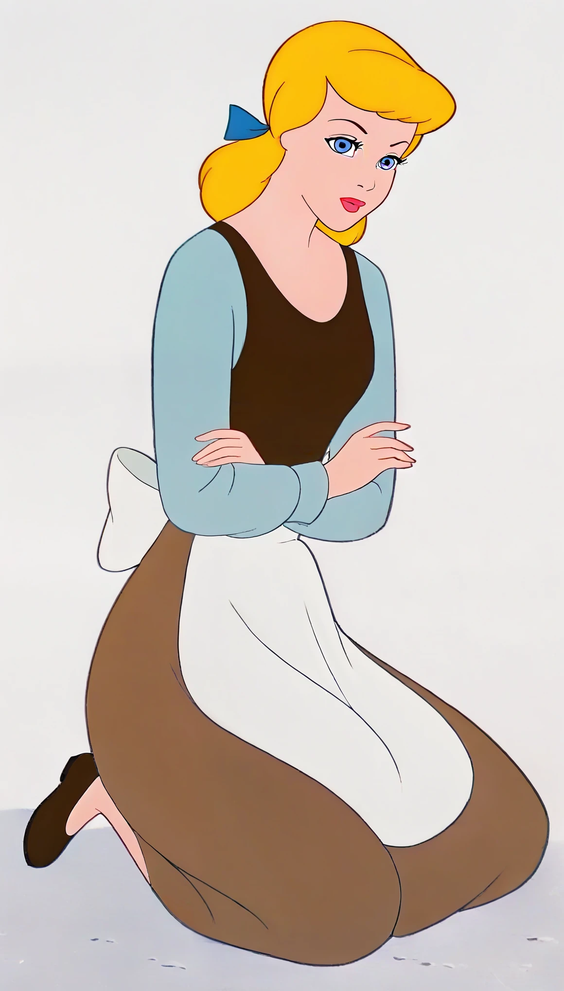 CI, 1girl, solo, score_9, score_8_up, score_7_up, servant outfit, blonde, blue eyes, blue hair ribbon, brown tank top, blue long sleeves, brown skirt, white waist apron, crossed arms, looking at viewer, white background, blank background, full body, on backyards 