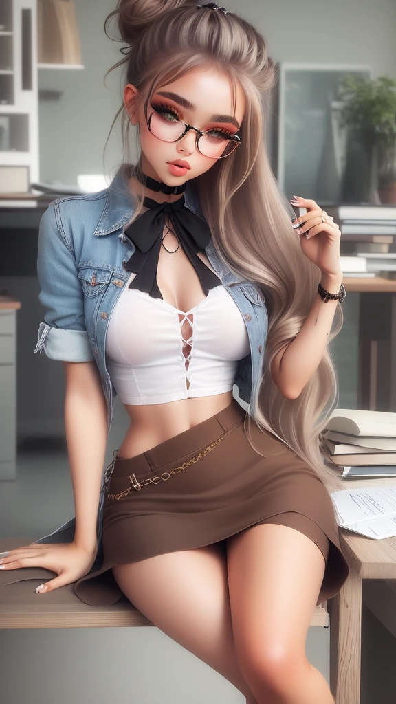 (Solo), 1girl, hair bun, glasses, , brown jacket, ribbon choker, white shirt, mini skirt, (over the knee socks), (long lace up boots), gigantic breasts, big ass, wide hips, milf body, beautiful eyes, perfect face, better eyes, better hands, better fingers, ,shiraki meiko, ((((best masterpiece)))), ((((ultra detailed)))), high quality, best quality, ((((32K)))), sharp focus, (high-resolution picture), Hand perfect, ,more_details:-1, more_details:0, more_details:0.5, more_details:1, more_details:1.5,meikodef/meikornd