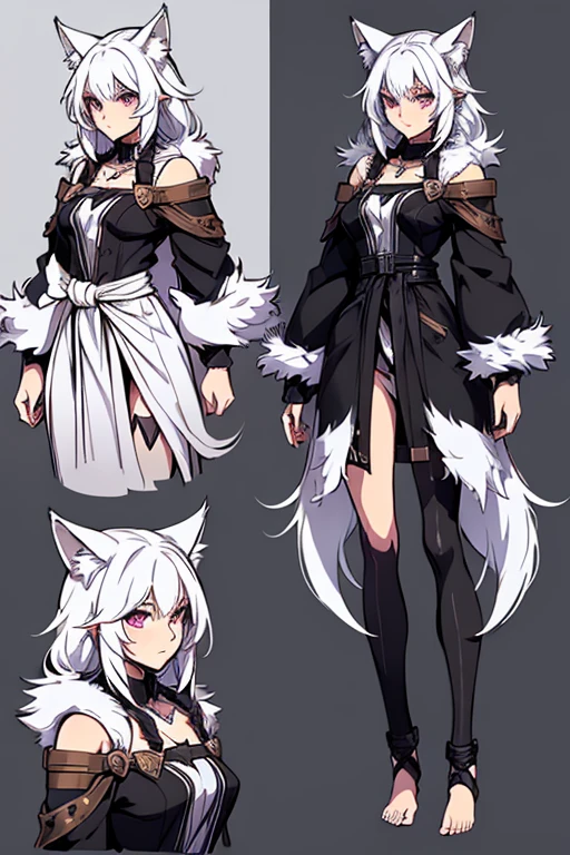 ( Absurdly , High quality , ultra detailed ) ,( hand detailed ) , 1girl, solo, mature, (concept art, character sheet), absurdres(highly detailed beautiful face and eyes)perfect anatomy Solo, Young Female white fox-cat (((lean-body))) (((medium breasts))) (short snout),(((fur (black stripe) between neck and shoulder towards chest))) ((fur (black stripes) on waist))(ears are darker), ((violet eyes)), (cat tail (black at end)), (white hair (single-braided)), ((Female wolf)) (detailed eyes), (clevedge, (collarbone, shoulders), (solo, (1girl)) ((((fluffy white fur)))), white hands, ((extremely detailed fur)) ((hair in face)) (big braid), (thin long tail) (extremely detailed eyes) (((concept art, character sheet, (multiple views)))), (black short shorts) (black sports bra), white hands, multiple emotions, happy, barefoot