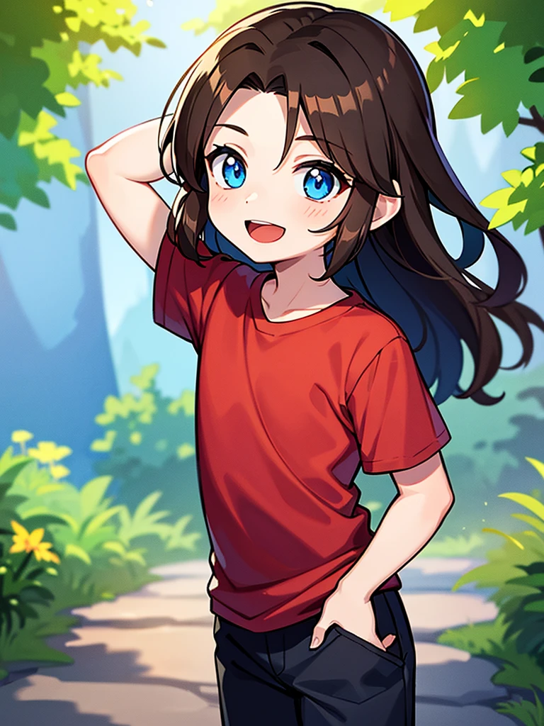 A happy little boy with blue eyes and long brown hair, He has a red shirt and black pants, mirando al espectador en un bosque, touching its hair
