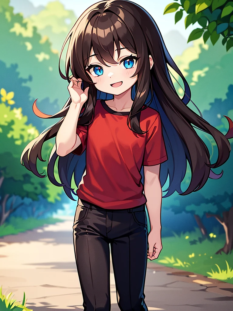 A happy little boy with blue eyes and long brown hair, He has a red shirt and black pants, mirando al espectador en un bosque, touching its hair