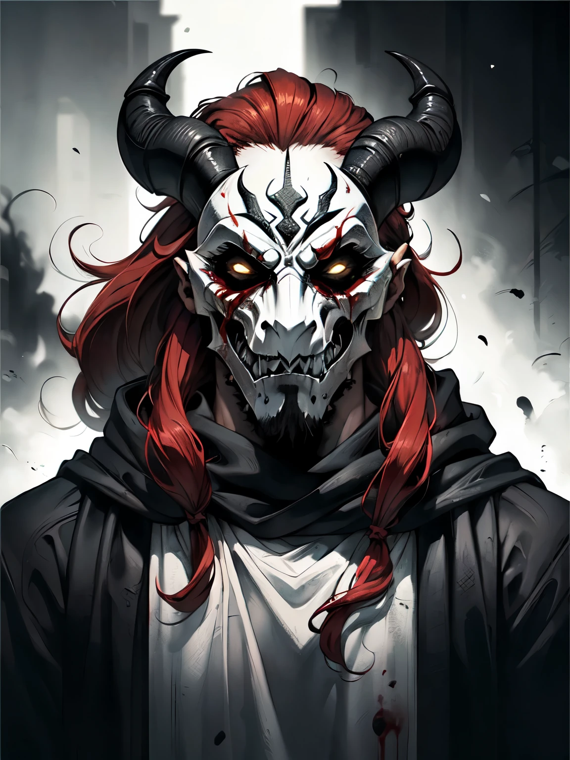 ink, black and white, (demon), ((wearing a scary white mask)), (horrifying,shocking),blood-spattered male demon covered in blood,long flowing wavy red hair, ram curved horns, ,dramatic lighting,gritty and intense,horror portrait,violent,splattered blood,dark and haunting background,close-up of face and body,bloody handprints,terrifying aura,macabre,vivid colors,high contrast, slavic black full clothes, medieval scarf, monster claws(8k, RAW photo, best quality, masterpiece:1.2), (realistic, photorealistic:1.2) (ultra-detailed, Super detailed, detailed face:1.2), vivid colors, studio lighting, portrait, 