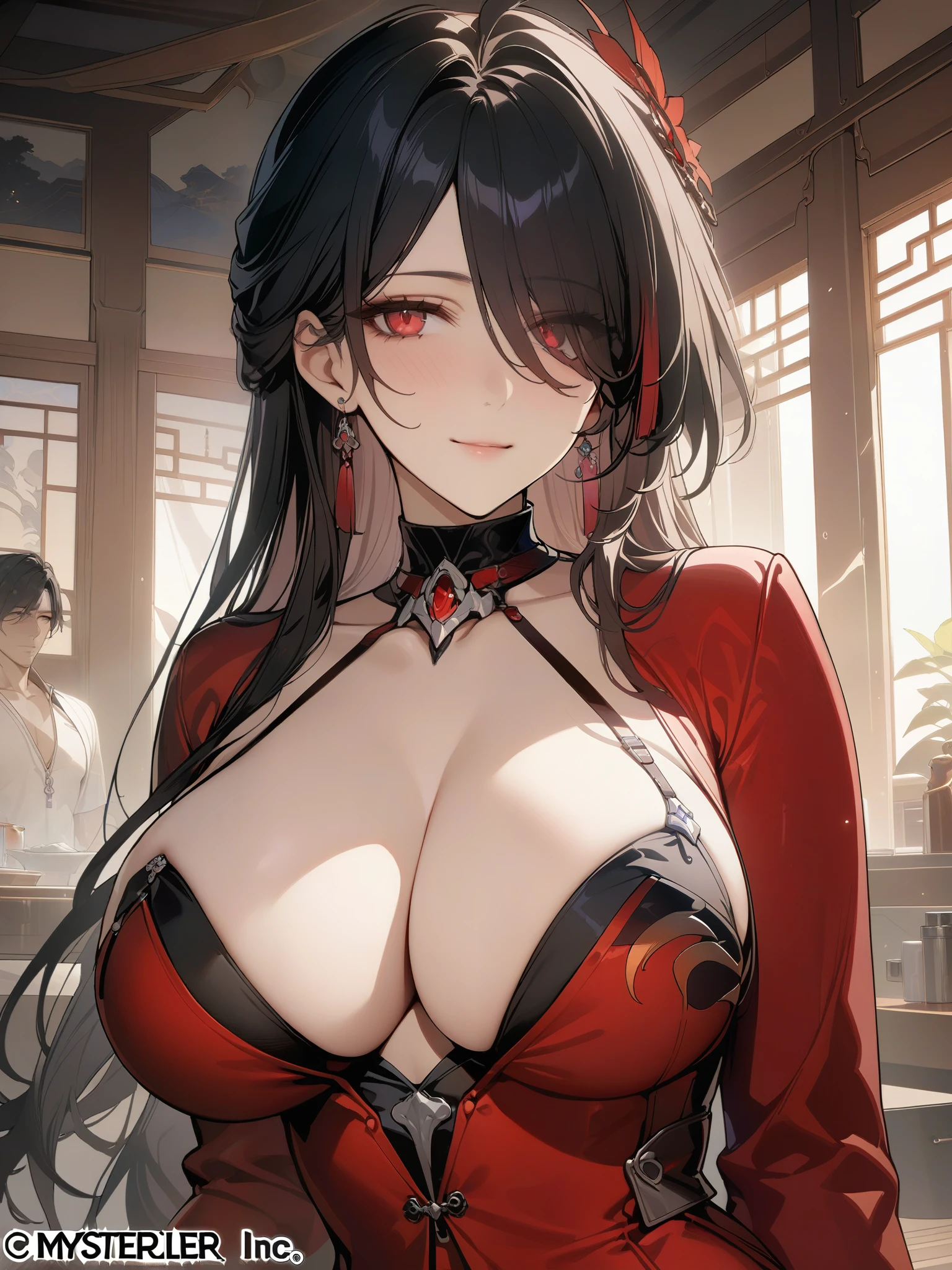 (masterpiece, quality upper body_upper, best quality, official art, beautiful and aesthetic: 1.2), (8k, best quality, masterpiece: 1.2), (((masterpiece))) ,(( (best quality))),((( extremely detailed))), illustration, who, (masterpiece, top quality, best quality, official art, beautiful and aesthetic: 1,2), (8k, best quality, masterpiece: 1,2), acheron_red, happy smile_ beautiful smile_1girl, ahoge, arm_behind_back, red dress, chinese oriental dress, comment request, cowboy photo, high resolution, indoors, big breasts, long sleeves, looking at viewer_ korean bangs_official_red_eye_color, black_hair_color black_official, ribbed_sweater, solo, standing, red dress, chinese oriental dress _phoenix clip_golden_