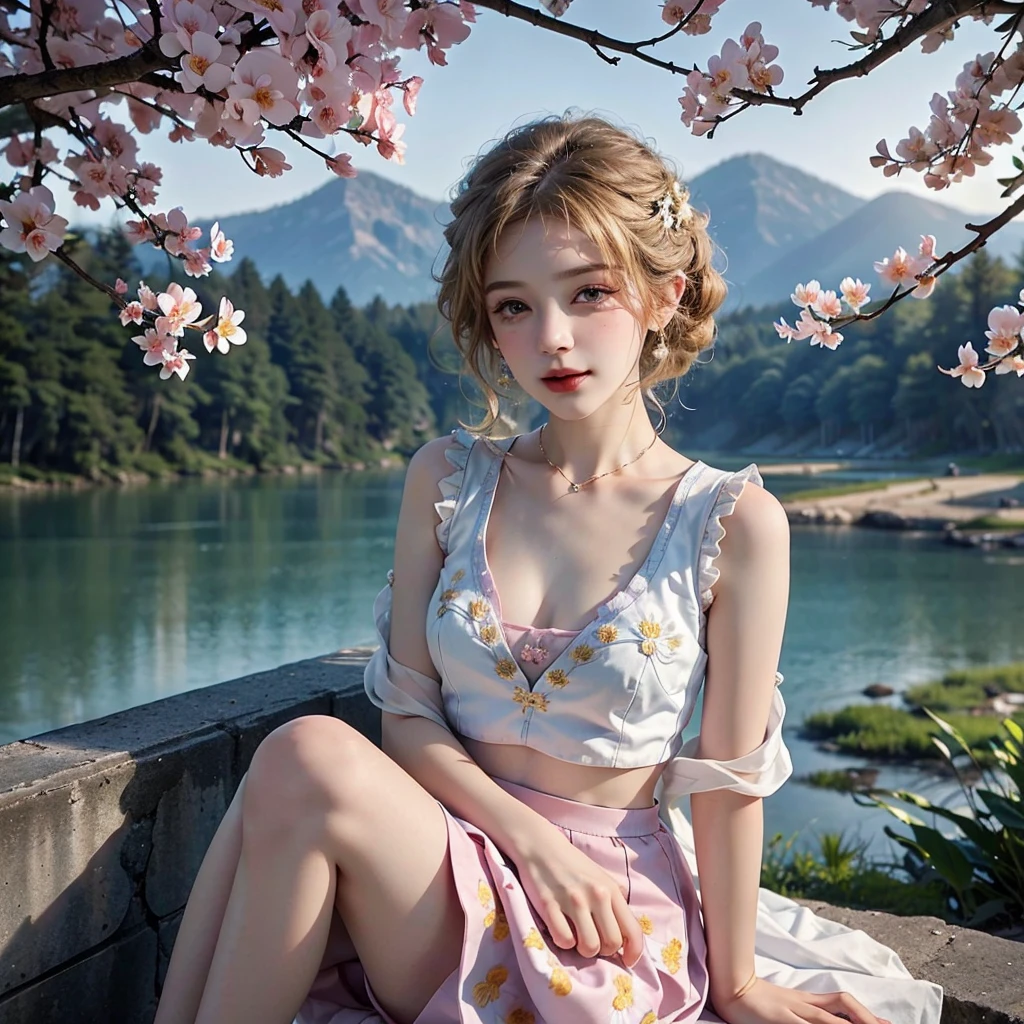 Masterpiece, Best quality, high resolution, realistic , hyperrealism , lifelike photography ,2024s, , alluring beautiful full body shot, (curly blondish brunette long hair, blue beautiful eyes), white skin with freckles,((( beautiful short cut naughty vest with flower embroidery mini skirt ))), beautiful golden necklaces & bracelets, elegant bearing, beautiful landscape background of a rose & lilac orchid garden, high budget , beautiful mesmerizing face and small nose, long and curly sparkling hair , holding a beautiful orange stray cat , clivage , sunset , pink clouds , yellowish red rays at the horizon, elegant posing, beautiful legs, fit body, gorgeous Russian woman standing and naughty posing at the lagoon shores, back shot, side shot , front shot, blue lagoon , full body shot at the frame , naughty smile , deep cut chest style dress,(( very short skirt)) ,windy summer breeze , reasonable naked body parts, reasonable nudity ,((((cute cats sitting around her)))), naughty girl , very cute smile, bra and underwear is seen ,(( lingerie )) , 25 years old blonde Russian girl ,