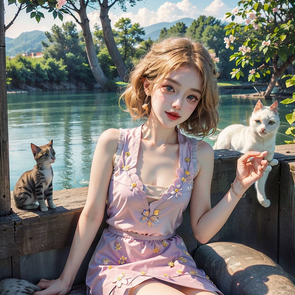 Masterpiece, Best quality, high resolution, realistic , hyperrealism , lifelike photography ,2024s, , alluring beautiful full body shot, (curly blondish brunette long hair, blue beautiful eyes), white skin with freckles,((( beautiful short cut naughty vest with flower embroidery mini skirt ))), beautiful golden necklaces & bracelets, elegant bearing, beautiful landscape background of a rose & lilac orchid garden, high budget , beautiful mesmerizing face and small nose, long and curly sparkling hair , holding a beautiful orange stray cat , clivage , sunset , pink clouds , yellowish red rays at the horizon, elegant posing, beautiful legs, fit body, gorgeous Russian woman standing and naughty posing at the lagoon shores, back shot, side shot , front shot, blue lagoon , full body shot at the frame , naughty smile , deep cut chest style dress,(( very short skirt)) ,windy summer breeze , reasonable naked body parts, reasonable nudity ,((((cute cats sitting around her)))), naughty girl , very cute smile, bra and underwear is seen ,(( lingerie )) , 25 years old blonde Russian girl ,
