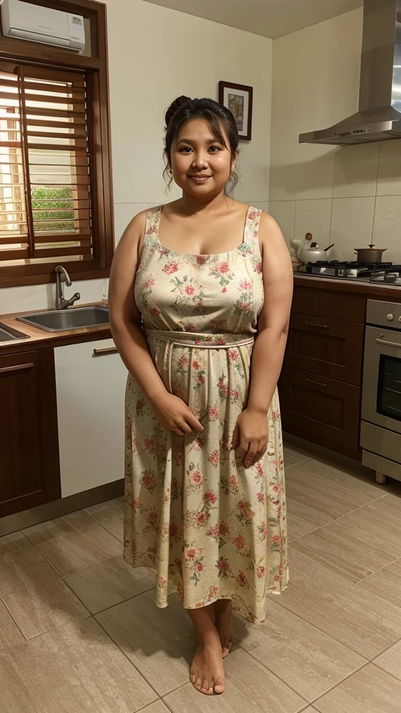 A full body photo of: malay loose dress, Big fatty arm, wide arm, fleshy arm, thick arm, chubby arm, stocky arm, Malay maid, 50 years old female maid, chubby body, tan skin, curly top ponytail hair, real, perfect eyes, multicolor floral patern,at kitchen