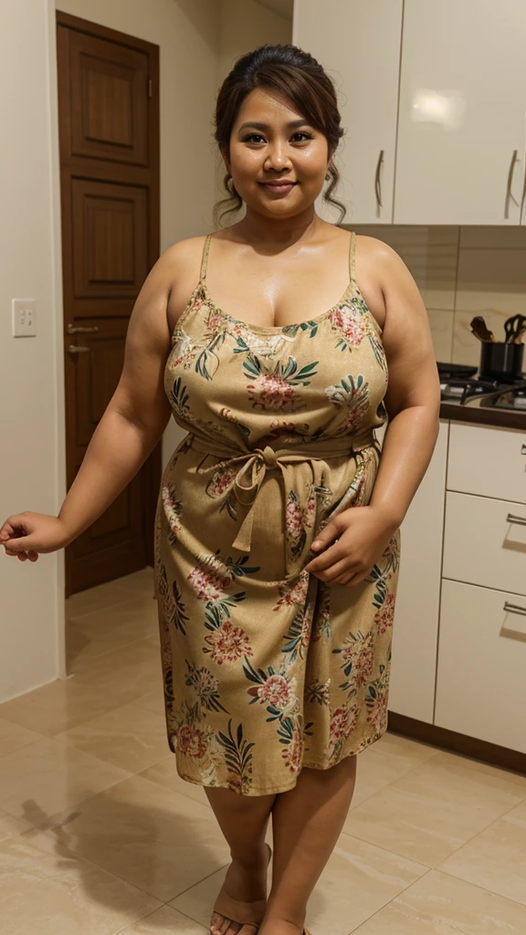 A full body photo of: malay loose dress, Big fatty arm, wide arm, fleshy arm, thick arm, chubby arm, stocky arm, Malay maid, 50 years old female maid, chubby body, tan skin, curly top ponytail hair, real, perfect eyes, multicolor floral patern,at kitchen