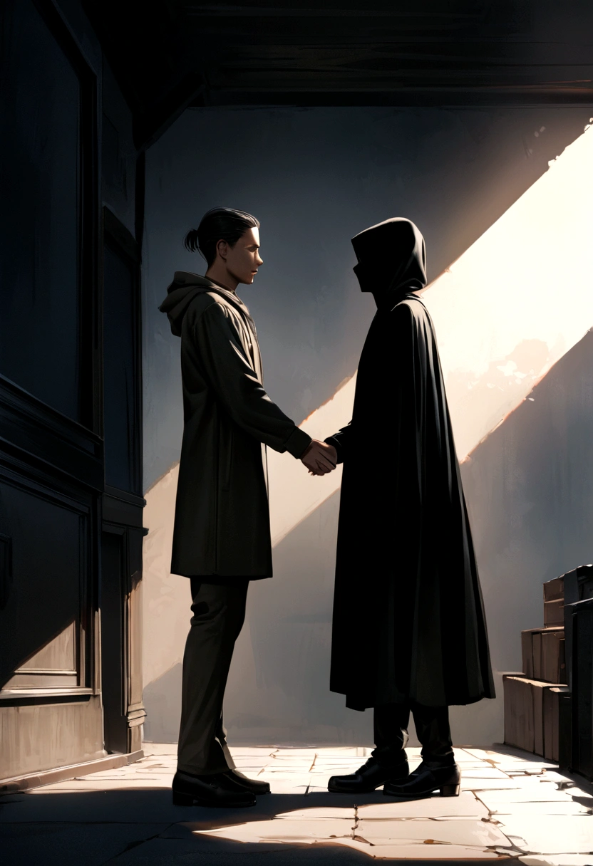 "Two characters meet: A thin man with short black hair, wearing a long cape and a black mask. Beside him stands another thin man in a black hoodie and pants with the hood over his head. They shake hands, side view. Both are minimalist characters, in 8k resolution, photorealistic style, cinematic lighting, with a melancholic atmosphere, dramatic shadows, and a muted color palette."