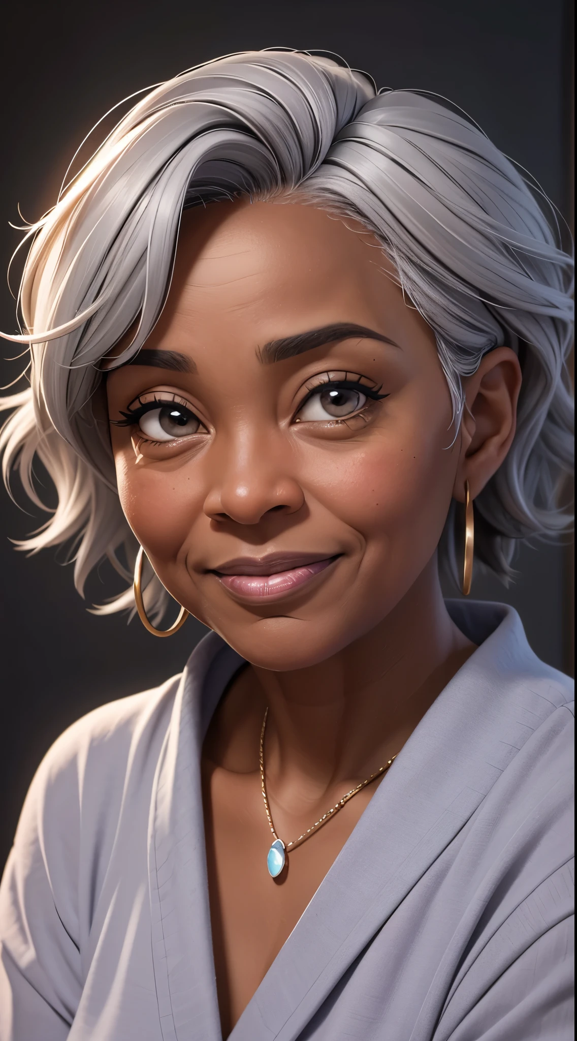 A lifelike portrait of a 60-year-old black woman with short, vibrant grey hair. Her expressive eyes radiate wisdom, her wrinkles telling tales of a rich and fulfilled life. Sensitively captured in high resolution, this photograph is a stunning masterpiece that embodies the beauty of age and the power of self-expression. 8k, realista, detalhada, emotiva, apelativa, retrato, idoso, cabello rijo.