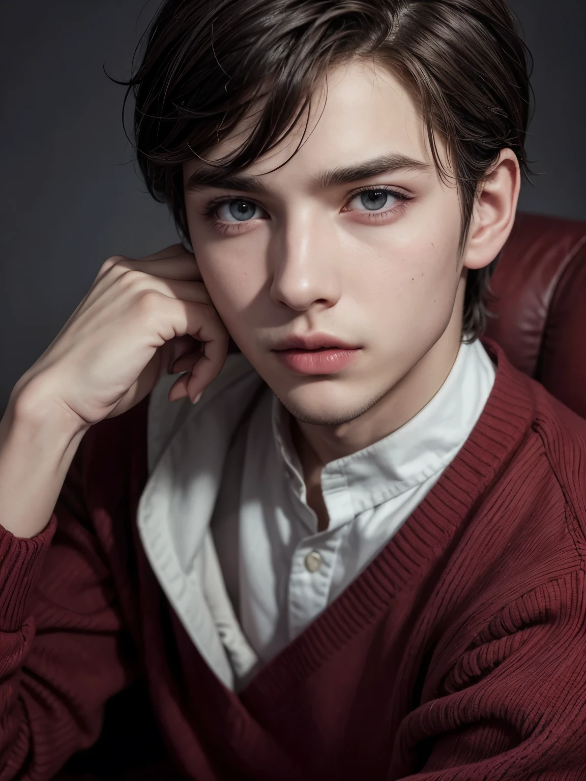 Un hombre guapo, con: ojos rasgados color miel claro, nice and long eyelashes, cejas gruesas y masculinas, nariz respingado, perfil perfecto, labios gruesos, crimson heart shaped lips, cuello marcado, pale white skin, piel con lunares y pecas, piel con maquillaje simple para hombres, piel con tonos rosas, rostro masculino, rostro de un hombre, while you are using: unas gafas de oficina, con un traje color negro, camisa abierta, in an office sitting in an armchair, con un vino tinto, boy sitting in an armchair, while looking at the camera