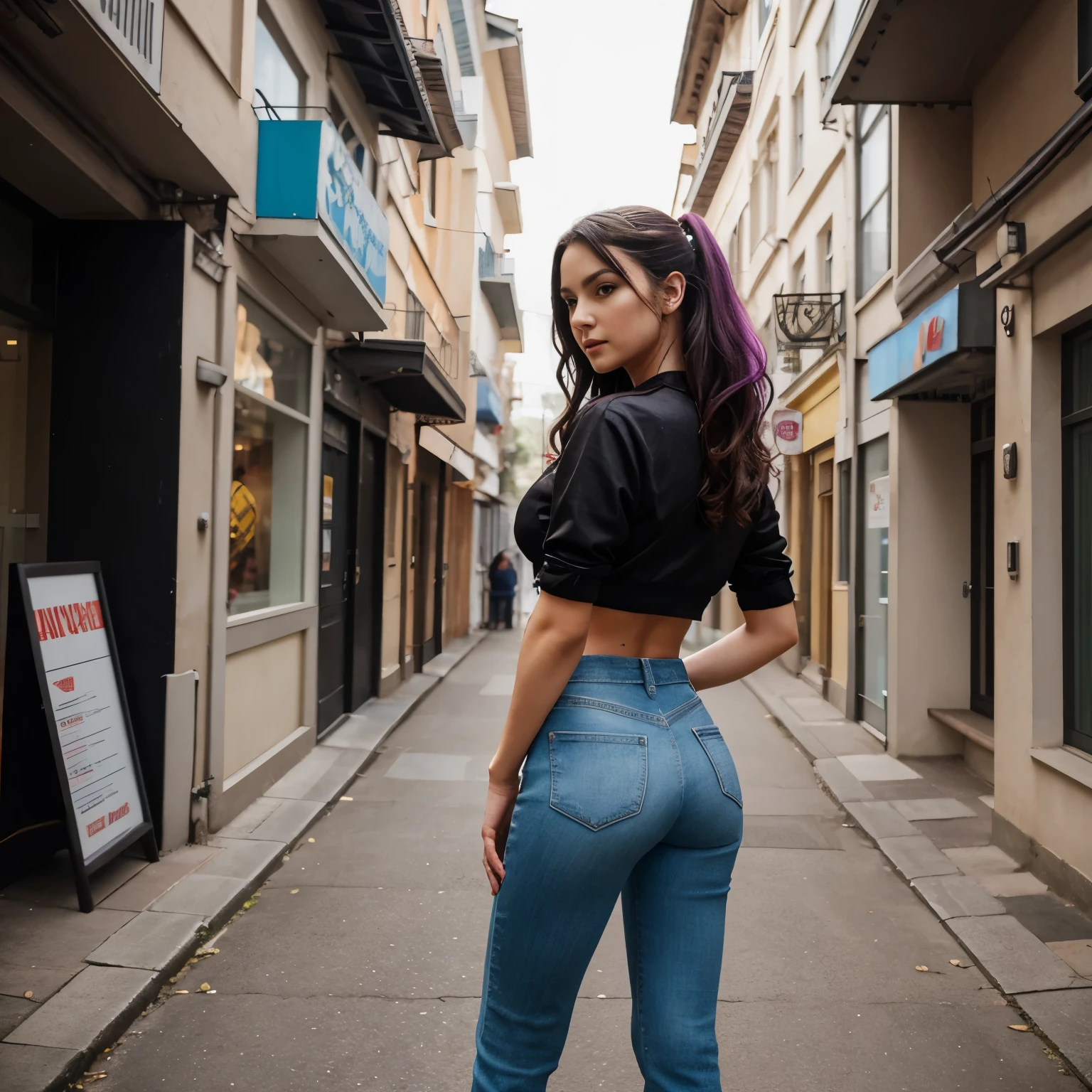A front and back full body view of a female model in a punk-inspired outfit. The girl is depicted in a playful and vibrant manner, similar to the style shown in the reference image. She wears a High-waisted jeans with a crop top, flannel shirt, and combat boots. Her hair is styled in edgy punk manner, and she has a friendly and approachable expression. The front view shows her standing confidently, while the back view highlights the details of her outfit and hairstyle. The overall design is clean and colorful. Highly detailed, 8k, smooth, sharp focus, trending on artstation, digital painting, by Stanley Artgerm Lau, WLOP, Rossdraws, James Jean, Andrei Riabovitchev, Marc Simonetti, and Sakimichan,