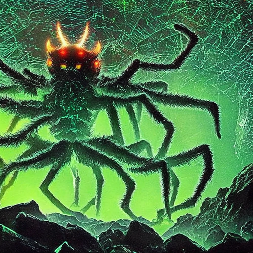 Spider monster, Glowing crystals on the back, horror, scary, horror, hairy paws, Dark, In a cave.