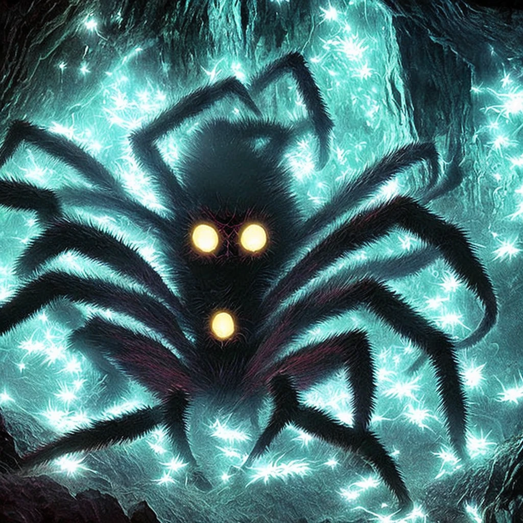 Spider monster, Glowing crystals on the back, horror, scary, horror, hairy paws, Dark, In a cave.