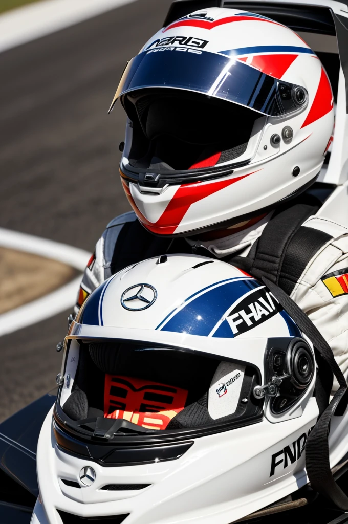 Piloto de formula 1 del quipo mercedes con su casco blanco