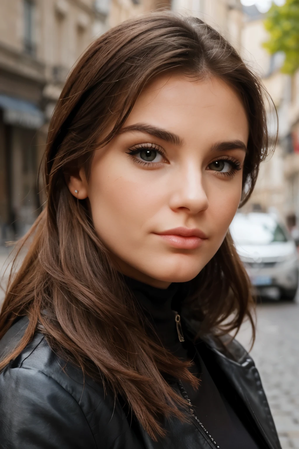 un contact visuel d'une femme aux cheveux brun, visage parfait, cartoon jaw, pouty lips, nez fin, fine, visage dégagé et au thème clair