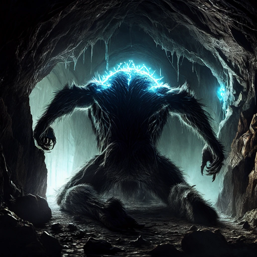 Spider monster, Glowing crystals on the back, horror, scary, horror, hairy paws, Dark, In a cave.