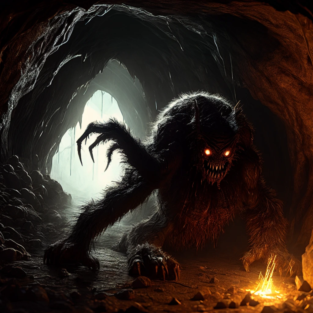 Spider monster, Glowing crystals on the back, horror, scary, horror, hairy paws, Dark, In a cave.