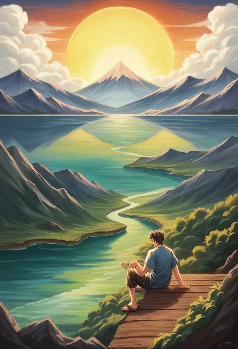  ((full body)), In leng jun and norman rockwell art style, hd, 8k resolution, fullbody, 16k resolution, hd, view from behind, 1 BOY is sitting by the river watching the sun rice in the background, river, mountains, sun, clouds He is wearing flip flop sandals, dramatic, pacefull scene high quality masterful still-life painting, oil painting, vibrant rich colors, atmospheric perspective, depth, illustration, intricate details, ultra high resolution, sharp details, sharp focus, 8k resolution Miki Asai Macro photography, fullbody, hyper detailed, trending on artstation, sharp focus, studio photo, intricate details, highly detailed, by greg rutkowski ,GO_pokemon, high quality masterful still-life painting, oil painting, vibrant rich colors, atmospheric perspective, depth, illustration, intricate details, ultra high resolution, sharp details, sharp focus, 8k resolution Miki Asai Macro photography, fullbody, hyper detailed, trending on artstation, sharp focus, studio photo, intricate details, highly detailed, by greg rutkowski ,GO_pokemon,
