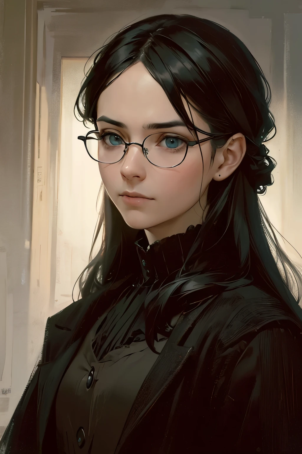 Create a magnificent piece of realistic conceptual art that explores the depth of human emotion through a detailed zoom in on a character's face. The work must be rich in details, capturing the complexity of facial expressions and the intensity of the character's gaze, using a color palette that highlights the drama and beauty of the scene. glasses