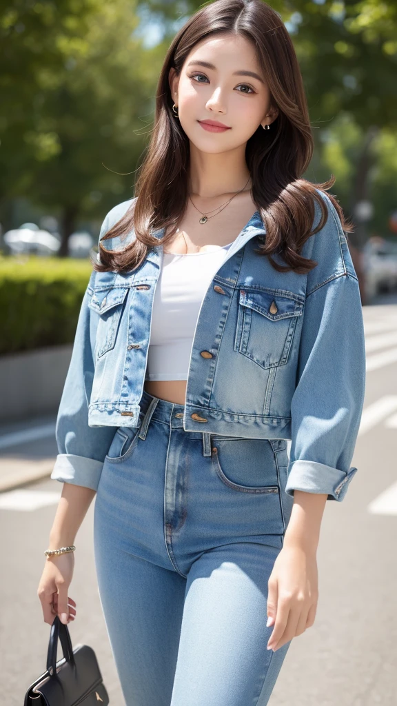 ((Highest quality, 8k, masterpiece:1.3)), concentrated:1.2, Beautiful woman with perfect figure:1.4, Stick your butt out:1.2, ((Beautiful long hair)),（Long white legs：1.3） ，(1.4) , (sports car, street: 1.2), Highly detailed face and skin texture, fine grain, double eyelid，Skin whitening，（Straight Big Tits：1.3），smile，Put on a necklace，gyuru、Denim jacket and high waist jeans：
	• Denim-on-denim look is back on trend。Wear a denim jacket on top、Style with high waist jeans。For the inner layer, choose a simple white T-shirt or crop top for a good balance.。