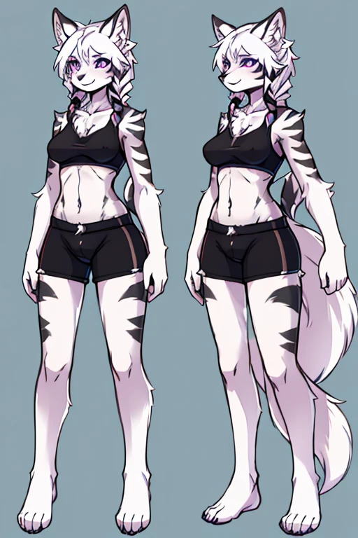 ( Absurdly , High quality , ultra detailed ) ,( hand detailed ) , 1girl, solo, mature, (concept art, character sheet), absurdres(highly detailed beautiful face and eyes)perfect anatomy Solo, Young Female white fox-cat (((lean-body))) (((medium breasts))) (short snout),(((fur (black stripe) between neck and shoulder towards chest))) ((fur (black stripes) on waist))(ears are darker), ((violet eyes)), (cat tail (black at end)), (white hair (single-braided)), ((Female wolf)) (detailed eyes), (clevedge, (collarbone, shoulders), (solo, (1girl)) ((((fluffy white fur)))), white hands, ((extremely detailed fur)) ((hair in face)) (big braid), (thin long tail) (extremely detailed eyes) (((concept art, character sheet, (multiple views)))), (black short shorts) (black sports bra), white hands, multiple emotions, happy, barefoot 