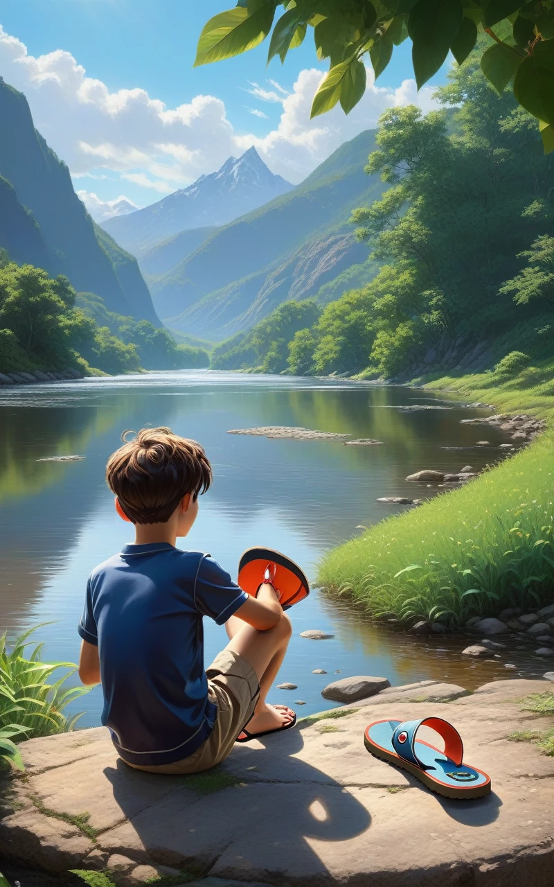 Prompt: ((full body)), In leng jun and norman rockwell art style, hd, 8k resolution, fullbody, 16k resolution, hd, view from behind, 1 BOY is sitting by the river watching the sun rice in the background, river, mountains, sun, clouds He is wearing flip flop sandals, dramatic, pacefull scene high quality masterful still-life painting, oil painting, vibrant rich colors, atmospheric perspective, depth, illustration, intricate details, ultra high resolution, sharp details, sharp focus, 8k resolution Miki Asai Macro photography, fullbody, hyper detailed, trending on artstation, sharp focus, studio photo, intricate details, highly detailed, by greg rutkowski ,GO_pokemon, high quality masterful still-life painting, oil painting, vibrant rich colors, atmospheric perspective, depth, illustration, intricate details, ultra high resolution, sharp details, sharp focus, 8k resolution Miki Asai Macro photography, fullbody, hyper detailed, trending on artstation, sharp focus, studio photo, intricate details, highly detailed, by greg rutkowski ,GO_pokemon,
