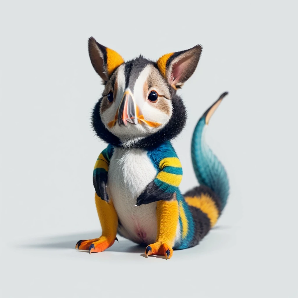 Small Animals, baby kangaroo mixed with House lizard, has yellow and blue stripes on its body, Grassroots, no background, (has beard), ((Puffin mouth))