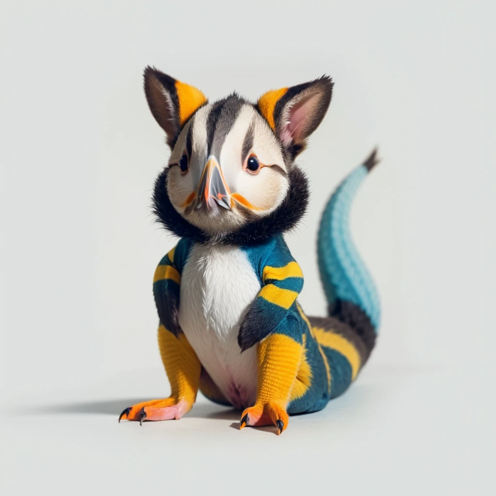 Small Animals, baby kangaroo mixed with House lizard, has yellow and blue stripes on its body, Grassroots, no background, (has beard), ((Puffin mouth))